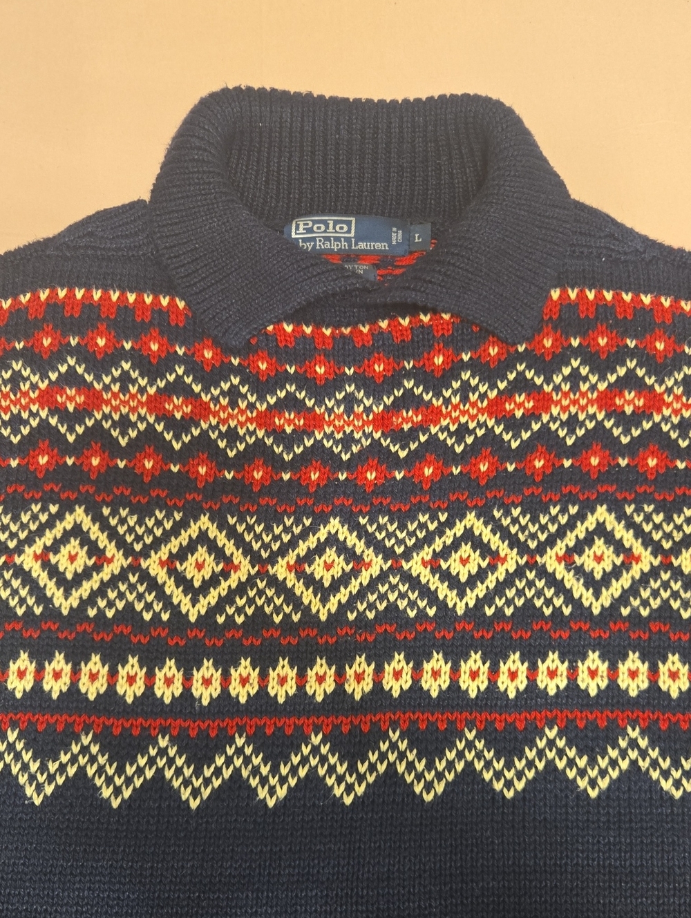 Polo by Ralph Lauren Navy Crewneck Sweater with Red and Cream Fair Isle